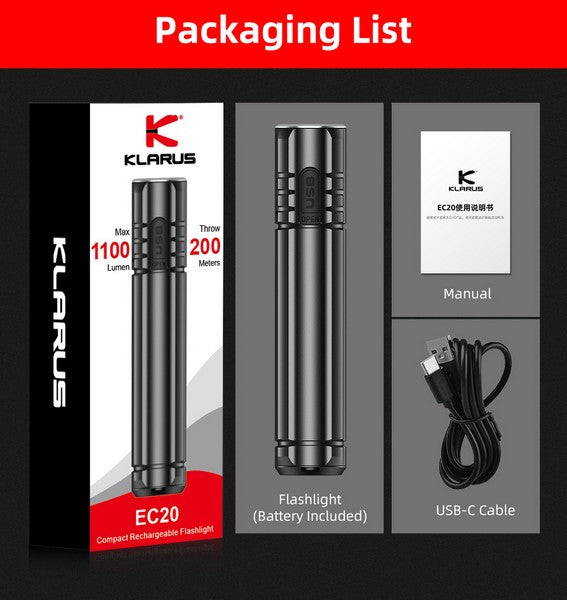 Lampe Torche Rechargeable Klarus EC20 – 1100 Lumens  NYCTALOPE  