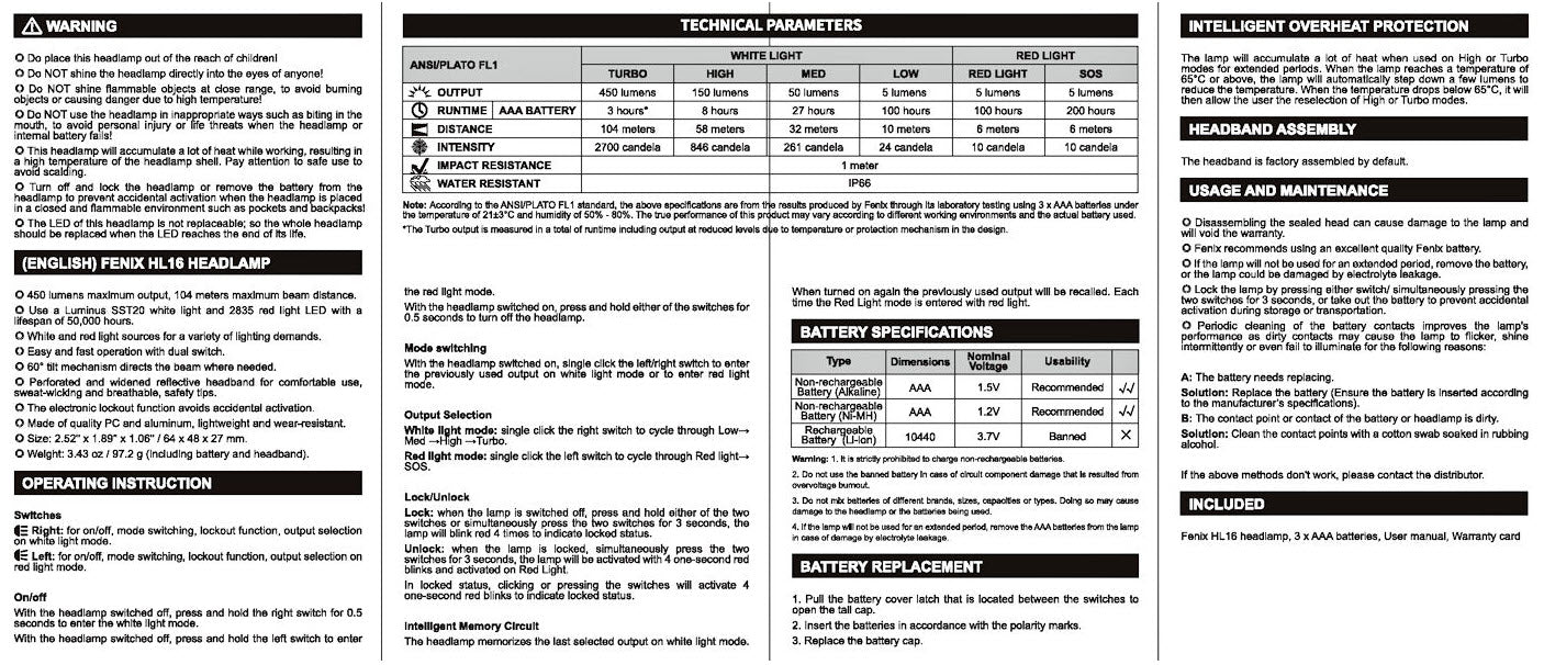 Lampe Frontale Fenix HL16 – 450 Lumens  NYCTALOPE  