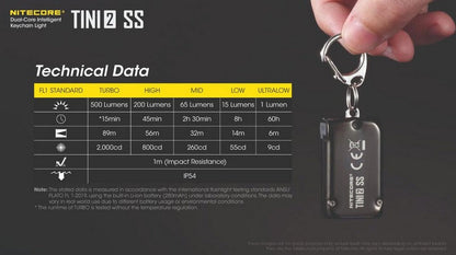 Lampe Torche Titane Nitecore Tini 2 SS - 500Lumens - Rechargeable écran Oled  NYCTALOPE  