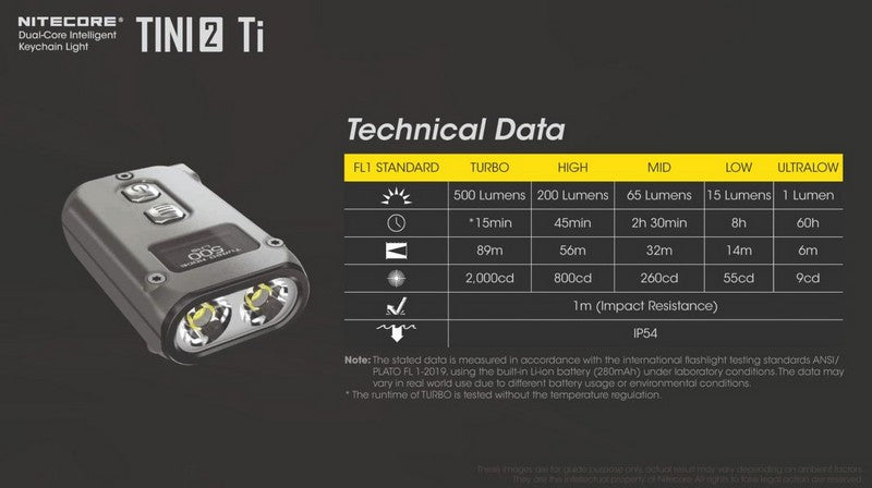 Lampe Torche Titane Nitecore Tini 2 Ti - 500Lumens rechargeable écran Oled  NYCTALOPE  