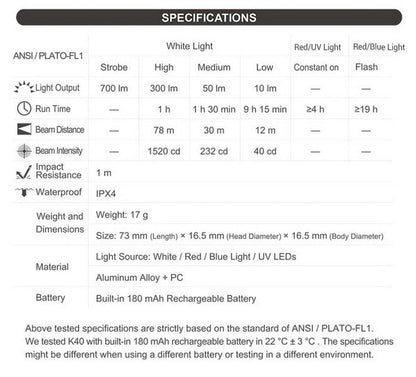 Lampe Nextorch K40 - 300 Lumens / UV / flash rouge et bleu, rechargeable, pour porte-clés  NYCTALOPE  