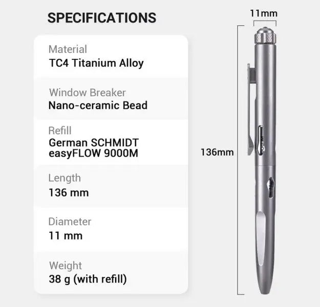Nextorch NP11 Ti - Stylo tactique de sécurité avec brise vitre - Titane - NYCTALOPE