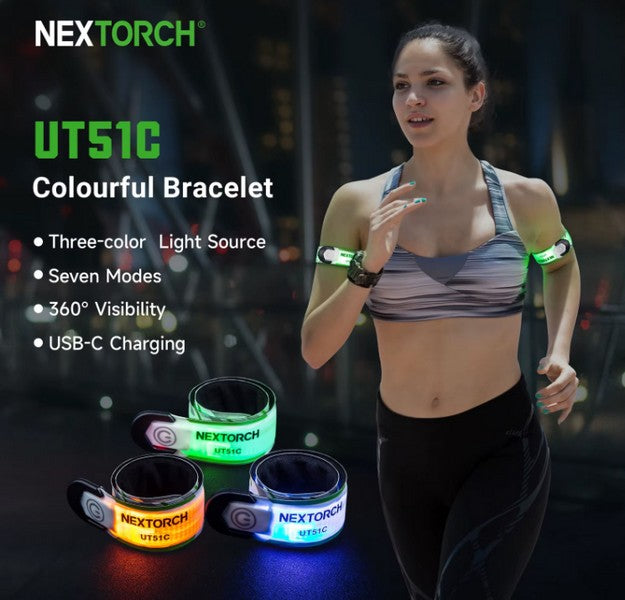 Nextorch UT51C - Bracelet d'avertissement orange vert bleu clignotant - rechargeable USB-C - NYCTALOPE