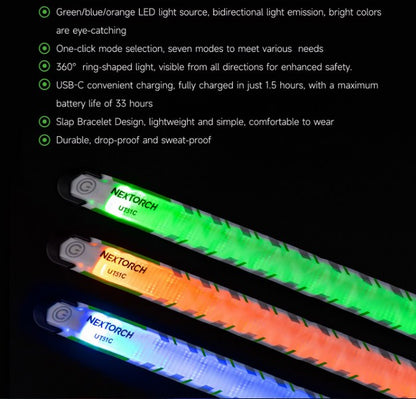 Nextorch UT51C - Bracelet d'avertissement orange vert bleu clignotant - rechargeable USB-C - NYCTALOPE