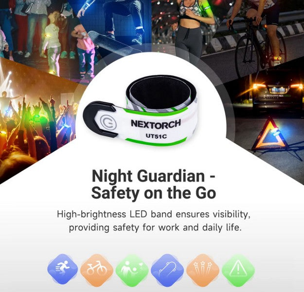 Nextorch UT51C - Bracelet d'avertissement orange vert bleu clignotant - rechargeable USB-C - NYCTALOPE