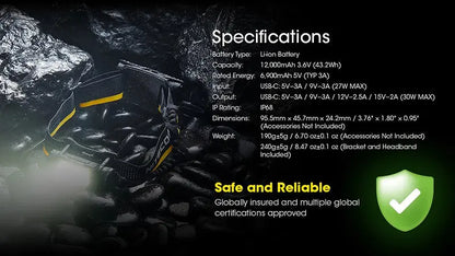 Nitecore 12K 12000mAh Kit Batterie Externe Carbone - Compatible NU45 / NU53 / HC65UHE  NYCTALOPE  