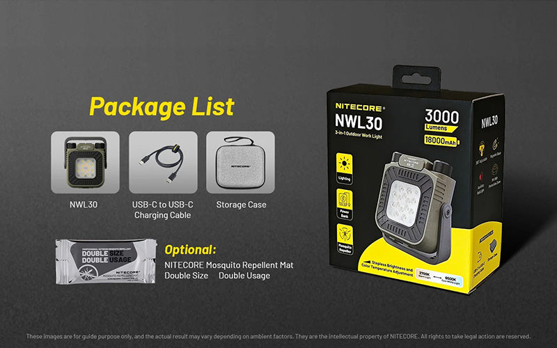 Lampe de Travail Nitecore NWL30 3000 Lumens - 3 en 1 - Anti-moustique - Powerbank - Orientable 360°  - Rechargeable USB-C