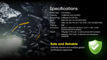 Nitecore 12K 12000mAh Kit Batterie Externe Carbone - Compatible NU45 / NU53 / HC65UHE  NYCTALOPE  