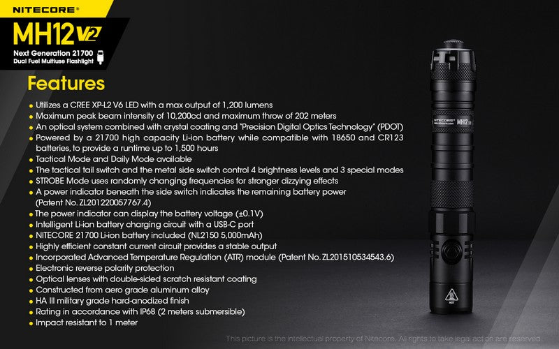 Lampe Torche Nitecore MH12 V2 – 1200 Lumens  NYCTALOPE  