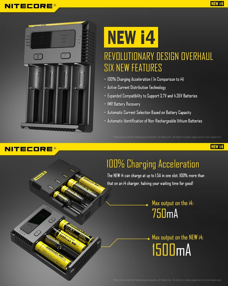 Chargeur Nitecore NEW i4 pour batterie Li-ion, IMR, LiFePO4, Ni-MH et Ni-Cd  NYCTALOPE  