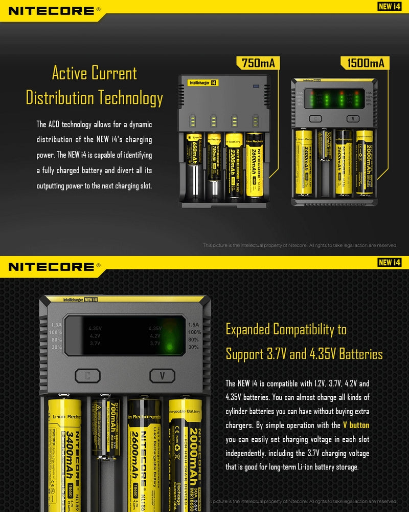 Chargeur Nitecore NEW i4 pour batterie Li-ion, IMR, LiFePO4, Ni-MH et Ni-Cd  NYCTALOPE  