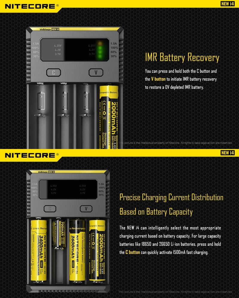 Chargeur Nitecore NEW i4 pour batterie Li-ion, IMR, LiFePO4, Ni-MH et Ni-Cd  NYCTALOPE  