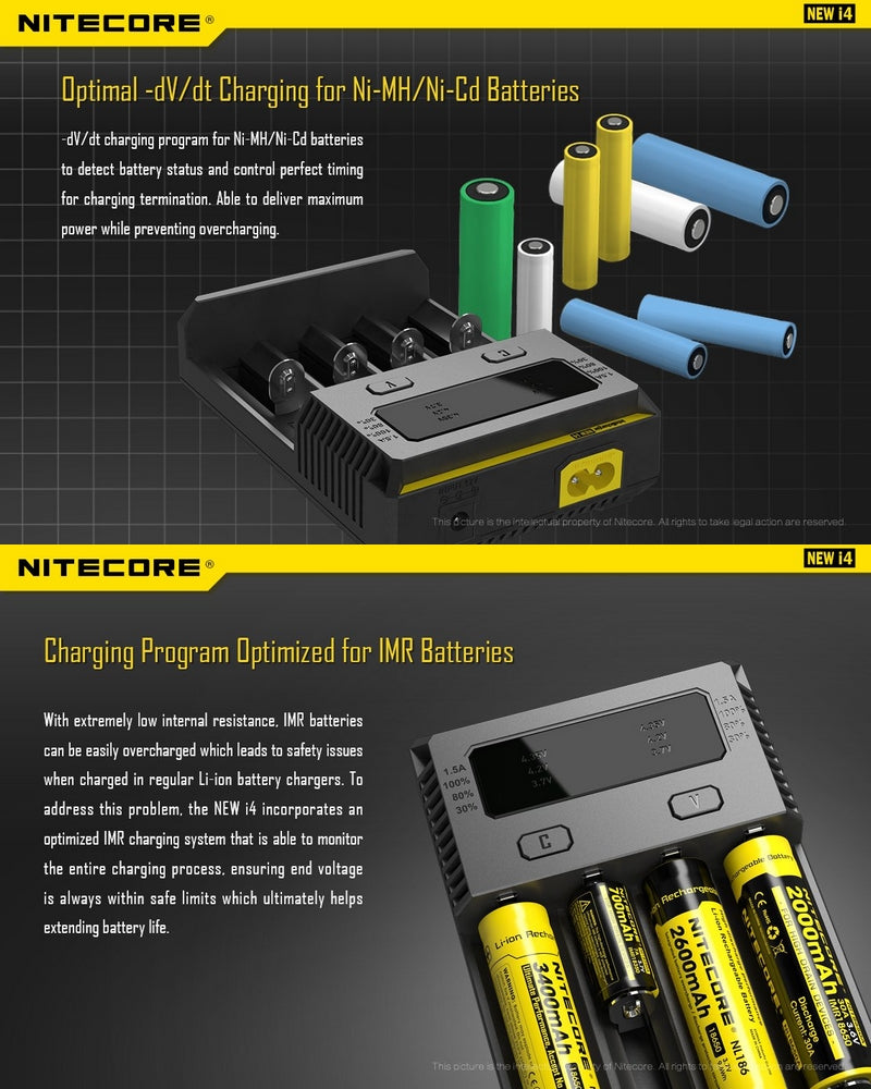 Chargeur Nitecore NEW i4 pour batterie Li-ion, IMR, LiFePO4, Ni-MH et Ni-Cd Nitecore