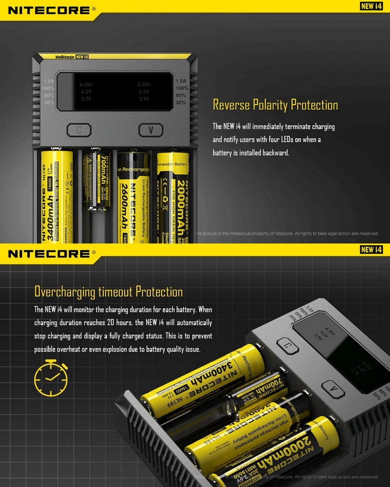 Chargeur Nitecore NEW i4 pour batterie Li-ion, IMR, LiFePO4, Ni-MH et Ni-Cd  NYCTALOPE  