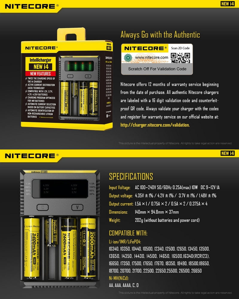 Chargeur Nitecore NEW i4 pour batterie Li-ion, IMR, LiFePO4, Ni-MH et Ni-Cd Nitecore