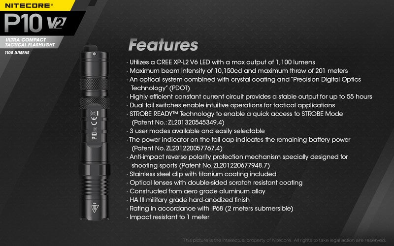 Lampe Torche Nitecore P10V2 - 1100Lumens NYCTALOPE