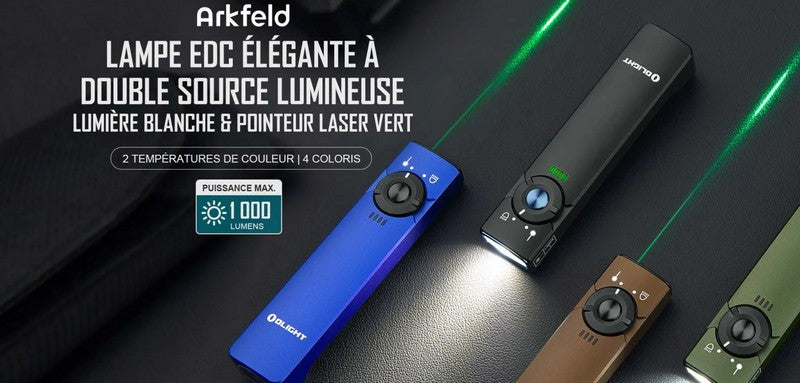 Lampe Torche Olight Arkfeld - 1000 Lumens avec pointer laser vert  NYCTALOPE  