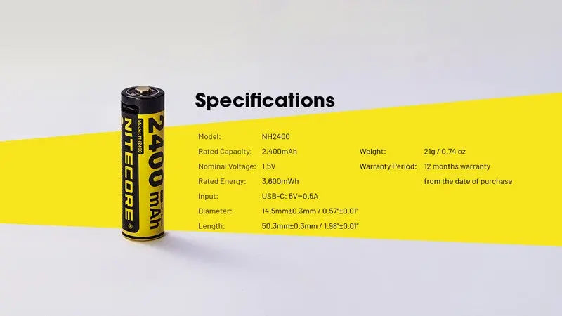 Pack de 4 batteries AA Nitecore NH2400 - 2400mAh 1.5V rechargeable en USB-C - NYCTALOPE