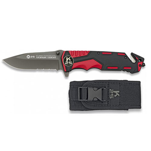 Couteau pliant tactique K25 19653 - Rouge/Noir - Lame 9,40 cm - NYCTALOPE