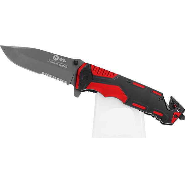 Couteau pliant tactique K25 19653 - Rouge/Noir - Lame 9,40 cm