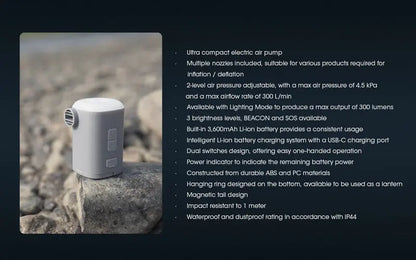 Pompe à air AP10 – 300 L/m – 4,5 kPa + Lanterne 300 Lumens – Rechargeable  NYCTALOPE  