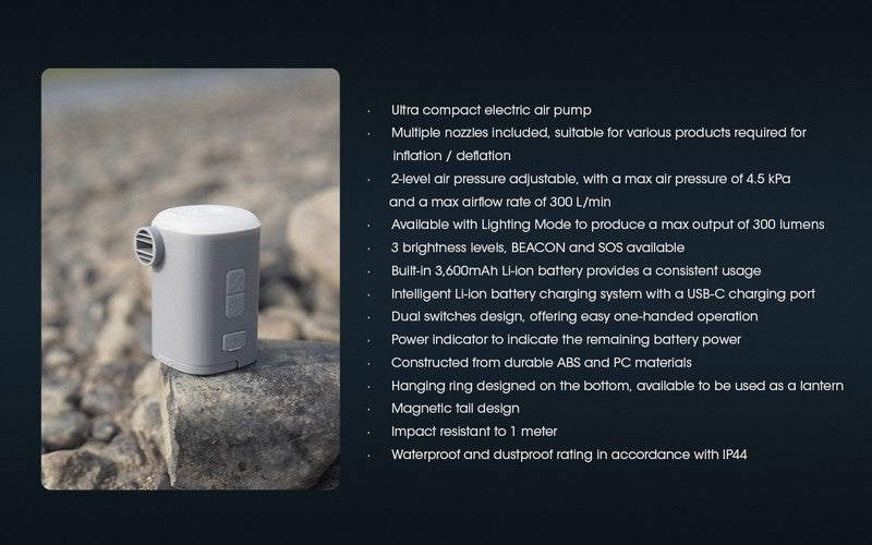 Pompe à air AP10 – 300 L/m – 4,5 kPa + Lanterne 300 Lumens – Rechargeable  NYCTALOPE  