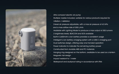 Pompe à air AP10 – 300 L/m – 4,5 kPa + Lanterne 300 Lumens – Rechargeable  NYCTALOPE  