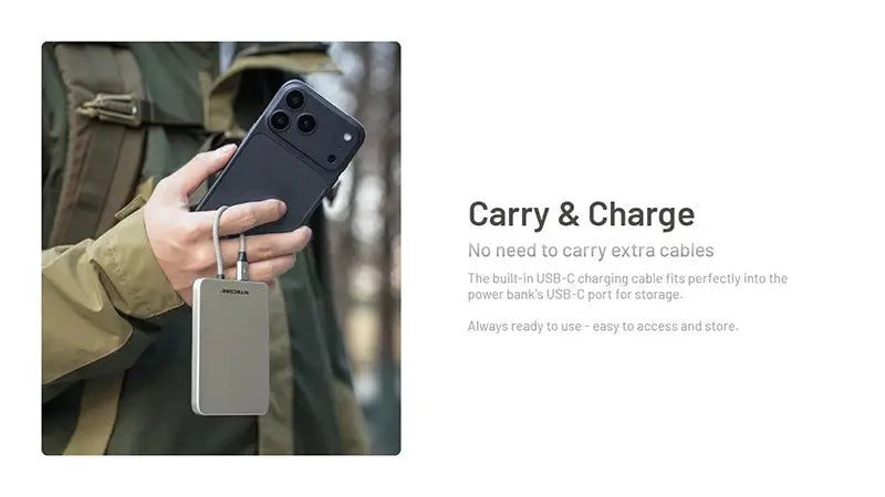 Powerbank Nitecore Pocket 5 5000mAh - 22,5W - Câble USB-C Intégré - Fixation Magnétique - IPX7 - NYCTALOPE
