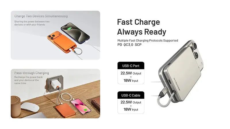 Powerbank Nitecore Pocket 5 5000mAh - 22,5W - Câble USB-C Intégré - Fixation Magnétique - IPX7 - NYCTALOPE