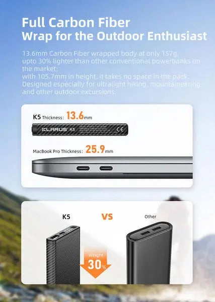 Powerbank batterie Klarus K5 - 10 000 mAh Ultraléger Fibre de Carbone  NYCTALOPE  