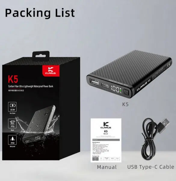 Powerbank batterie Klarus K5 - 10 000 mAh Ultraléger Fibre de Carbone  NYCTALOPE  