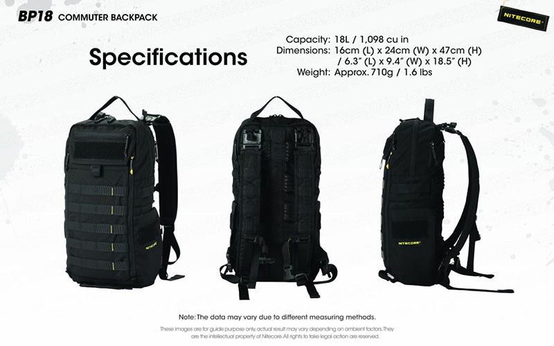 Sac à dos Nitecore BP18 - 18L - Ultra-Léger - Système Fishbone - Nylon 500D Imperméable - MOLLE  NYCTALOPE  