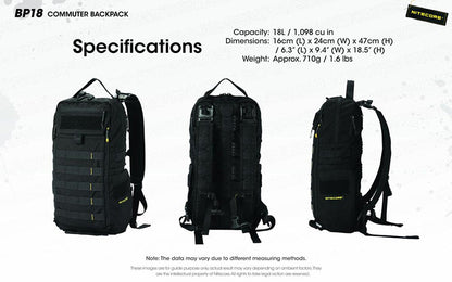 Sac à dos Nitecore BP18 - 18L - Ultra-Léger - Système Fishbone - Nylon 500D Imperméable - MOLLE  NYCTALOPE  