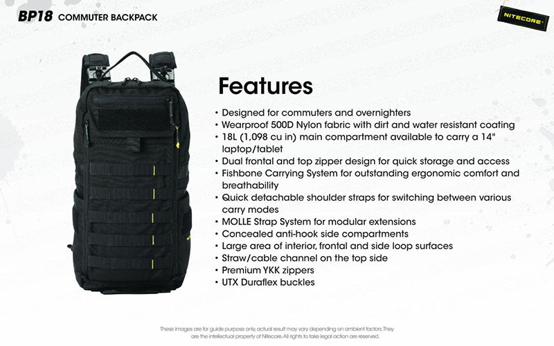 Sac à dos Nitecore BP18 - 18L - Ultra-Léger - Système Fishbone - Nylon 500D Imperméable - MOLLE  NYCTALOPE  