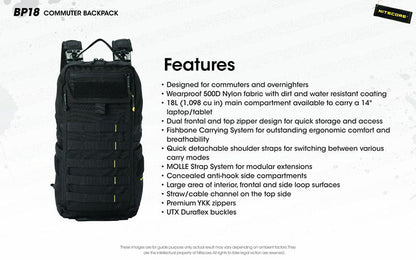 Sac à dos Nitecore BP18 - 18L - Ultra-Léger - Système Fishbone - Nylon 500D Imperméable - MOLLE  NYCTALOPE  