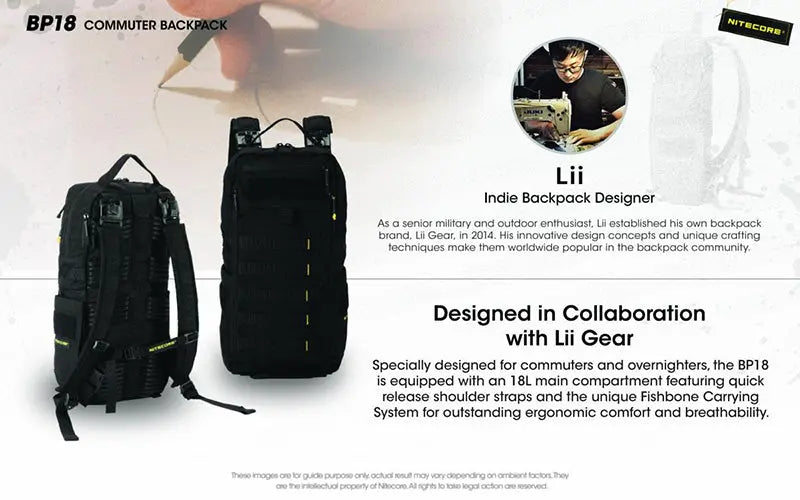 Sac à dos Nitecore BP18 - 18L - Ultra-Léger - Système Fishbone - Nylon 500D Imperméable - MOLLE  NYCTALOPE  