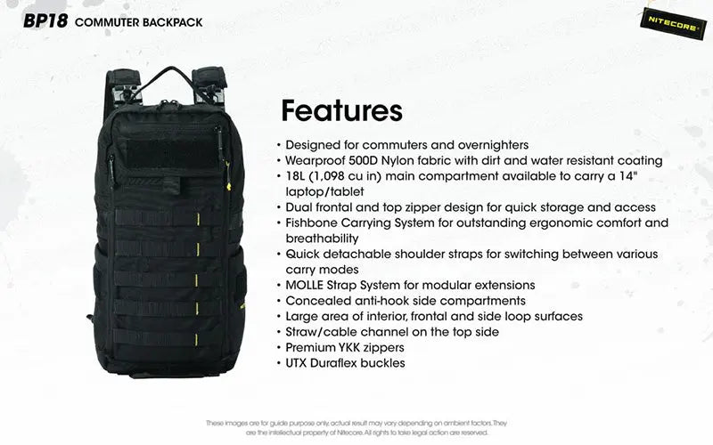Sac à dos Nitecore BP18 - 18L - Ultra-Léger - Système Fishbone - Nylon 500D Imperméable - MOLLE  NYCTALOPE  