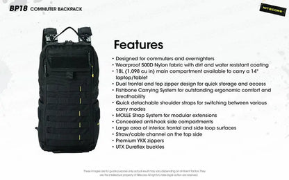 Sac à dos Nitecore BP18 - 18L - Ultra-Léger - Système Fishbone - Nylon 500D Imperméable - MOLLE  NYCTALOPE  