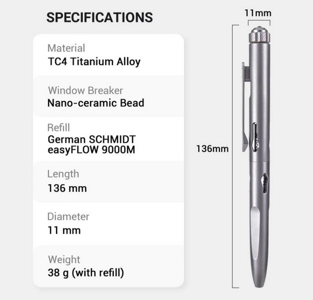 Nextorch NP11 Ti - Stylo tactique de sécurité avec brise vitre - Titane - NYCTALOPE