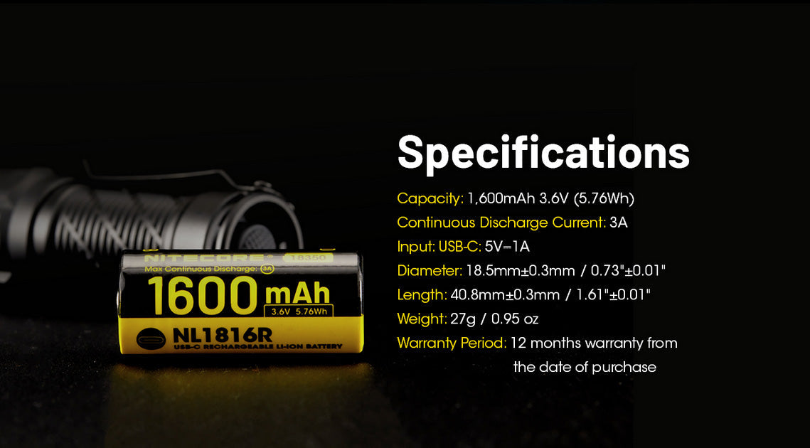 Batterie Nitecore NL1816R 18350 rechargeable USB-C - 1600mAh 3.6V protégée Li-ion  NYCTALOPE  