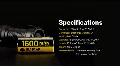 Batterie Nitecore NL1816R 18350 rechargeable USB-C - 1600mAh 3.6V protégée Li-ion  NYCTALOPE  