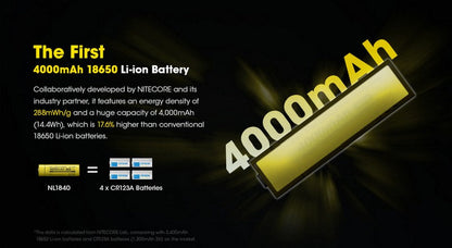Batterie Nitecore NL1840 18650 - 4000mAh 3.6V protégée Li-ion  NYCTALOPE  