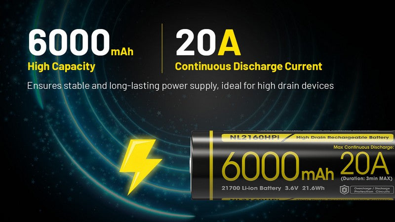 Batterie Nitecore NL2160HPi 21700 - 6000mAh 3.6V - protégée Li-ion  NYCTALOPE  