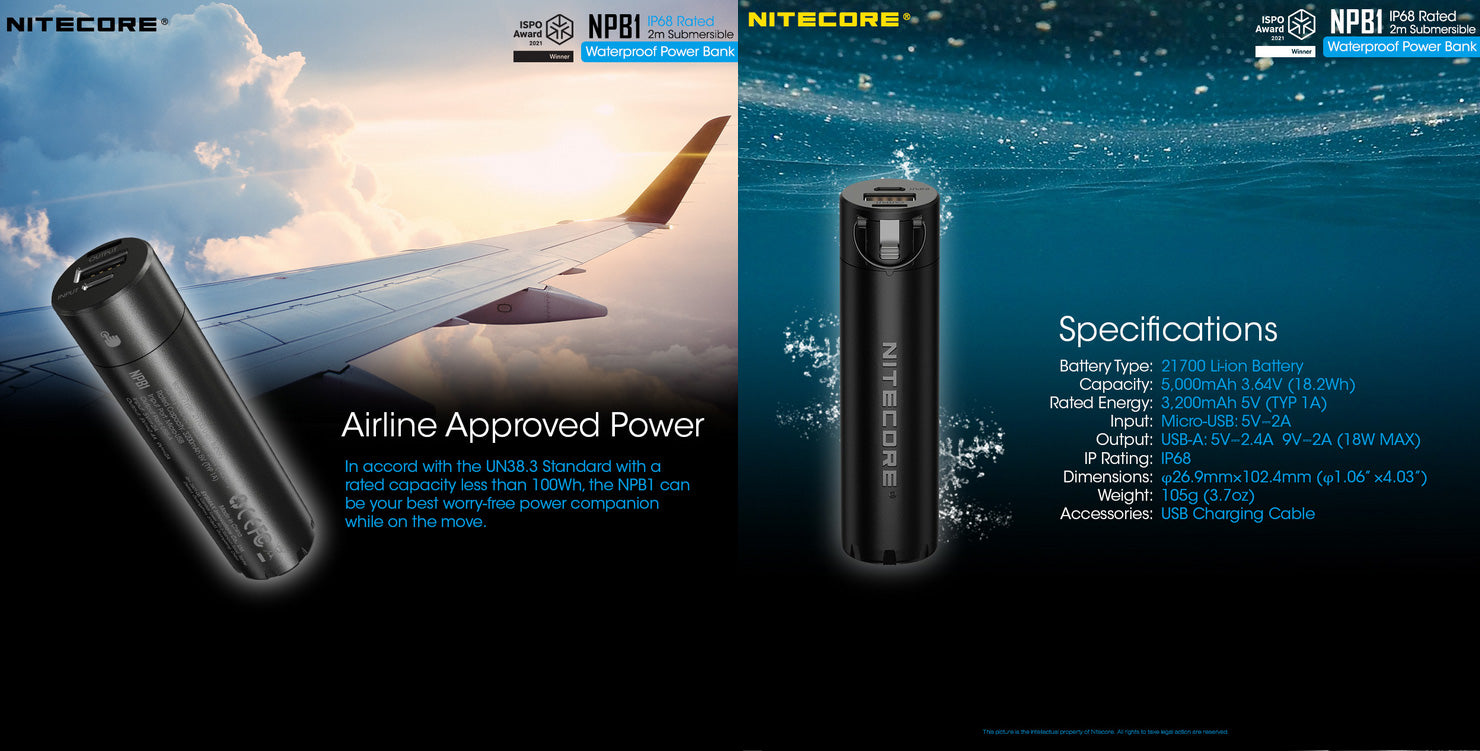 Power Bank Nitecore NPB1 - 5000mAh batterie externe frontale HU60 Nitecore