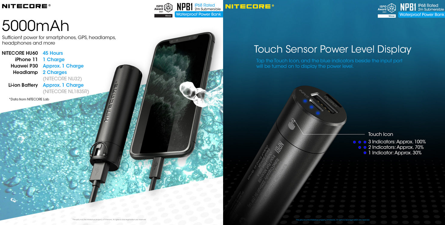 Power Bank Nitecore NPB1 - 5000mAh batterie externe frontale HU60 Nitecore