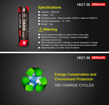 Batterie Klarus 18GT-36 18650 3600mAh protégée LiR pour lampe XT11GT, XT12S, XT2CR  NYCTALOPE  