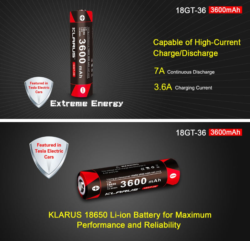 Batterie Klarus 18GT-36 18650 3600mAh protégée LiR pour lampe XT11GT, XT12S, XT2CR Klarus