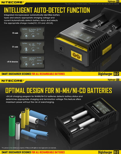 Chargeur D2 Nitecore Li-ion, IMR, Ni-MH, LiFePO4 et Ni-CD  NYCTALOPE  