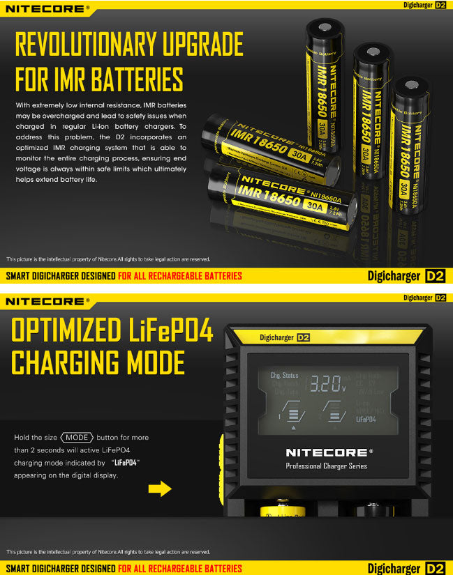 Chargeur D2 Nitecore Li-ion, IMR, Ni-MH, LiFePO4 et Ni-CD  NYCTALOPE  