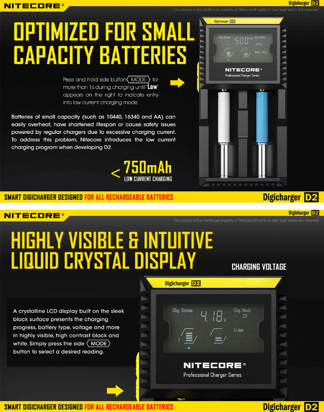 Chargeur D2 Nitecore Li-ion, IMR, Ni-MH, LiFePO4 et Ni-CD Nitecore